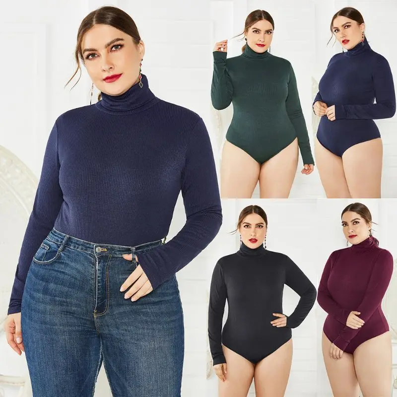 

Женское боди с длинным рукавом и высоким воротником, в рубчик