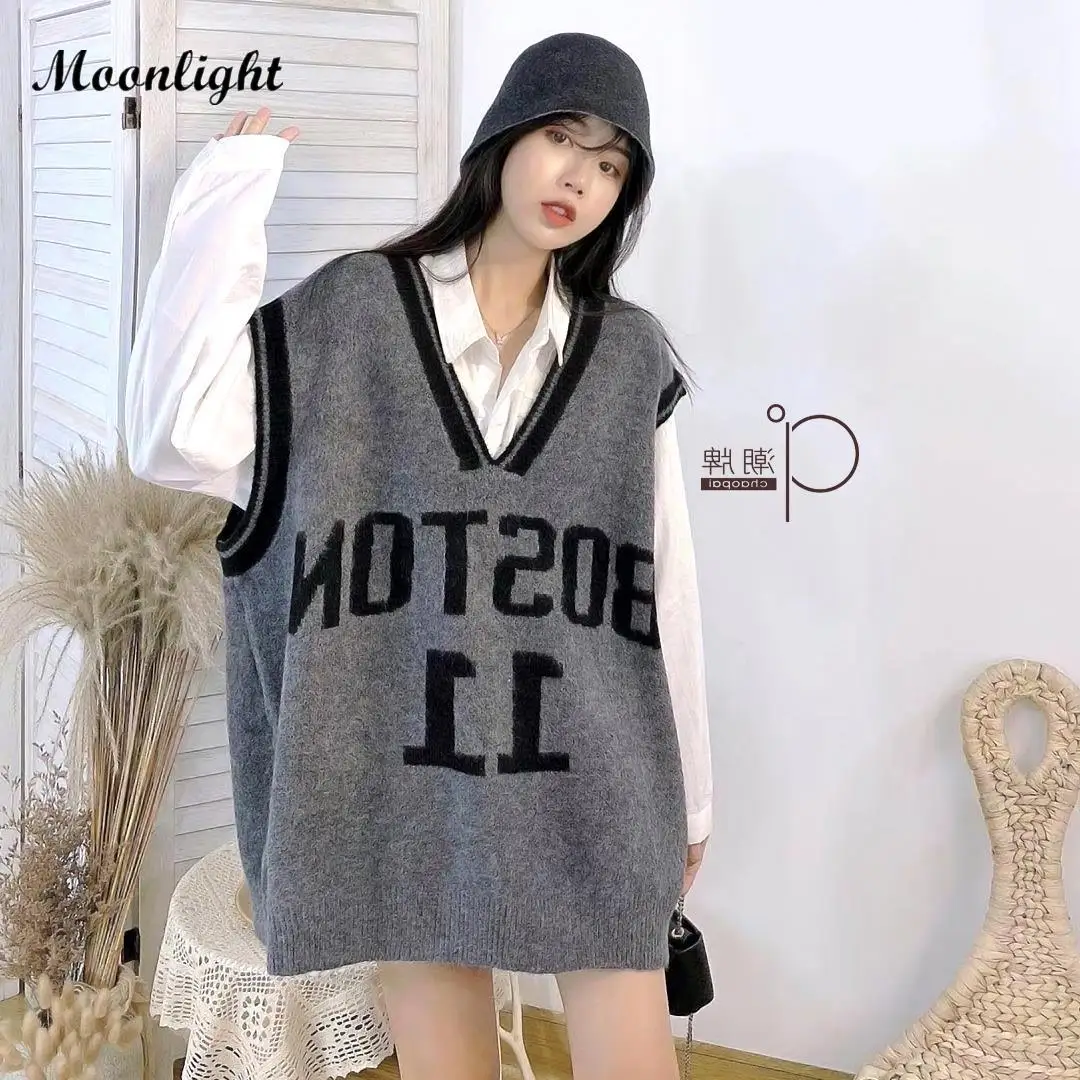 

Vintage Goth Knitted Vest Sweaters Women V Neck Sleeveless Sweater Vest Top Korean Casual Oversize Knitwear Waistcoat Chic Tops