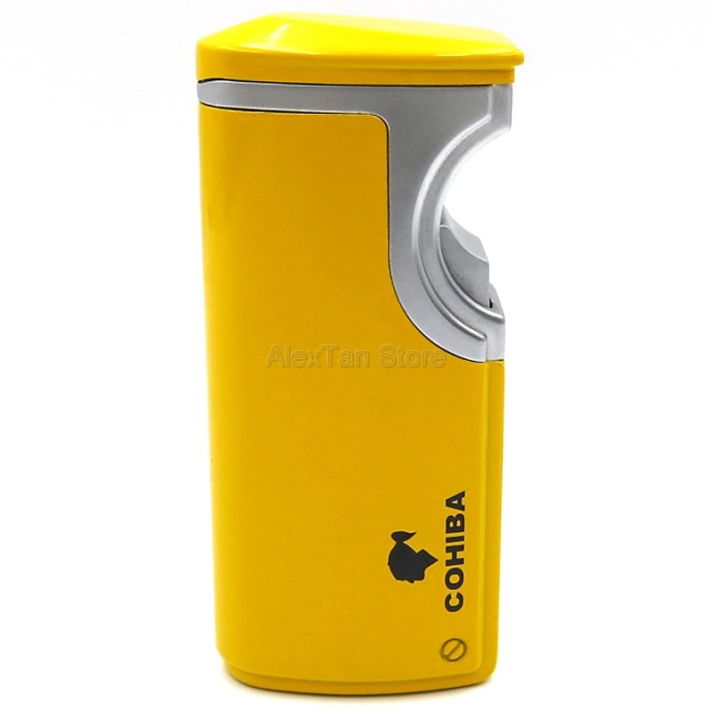 Yellow Зарядное устройство COHIBA для индукционной ветрозащитной зажигалки для сигар 3 пламенный струйный фонарь зажигалки металлическая зажигалка для прикуривателя со встроенным портсигар - Цвет: Yellow