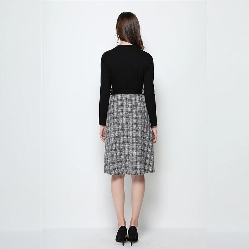 EC.MS платье из двух частей черный топ и клетчатая юбка элегантные офисные женские
