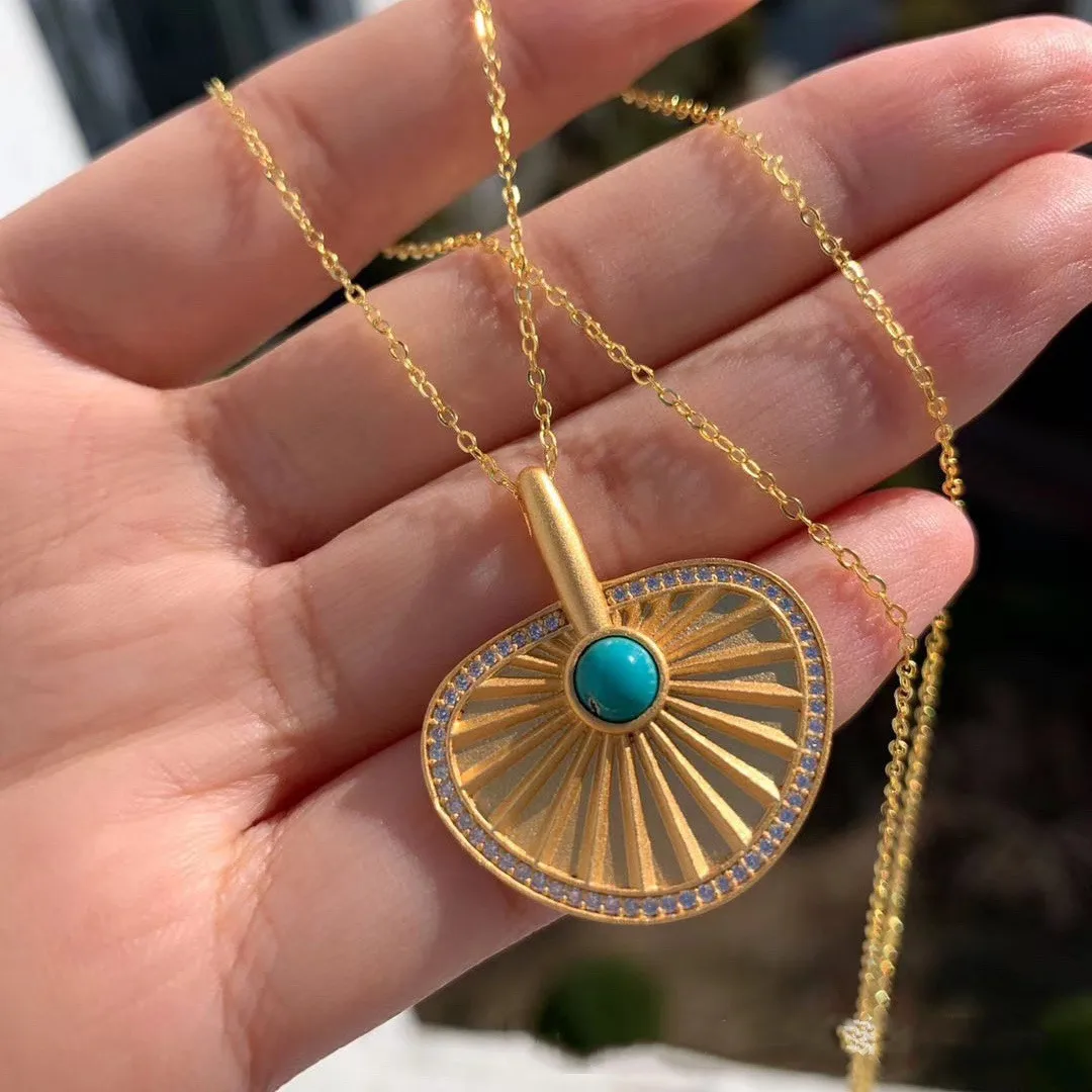 

925 sterling silver gold-plated natural turquoise fan pendant necklace clavicle chain women's fine jewelry gifts