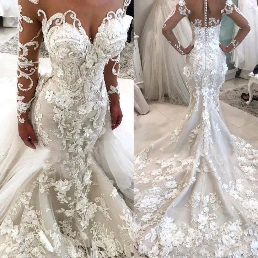 2021 Luxury Glamorous Mermaid Wedding Dresses with Detachable Train Illusion Sheer Neck Long Sleeves 3D Flowers Bridal Gowns