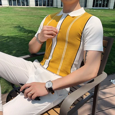 Мужская рубашка поло с коротким рукавом Модная вязаная Базовая лацканами в