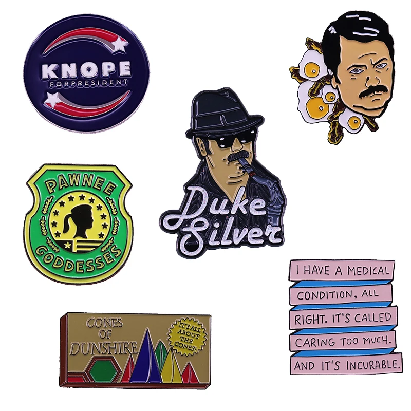 Parks and Recreation Pawnee Goddesses Enamel Pin Ron Swanson Duke's Jazz Brooch Knope for President Cones Board Game Badge