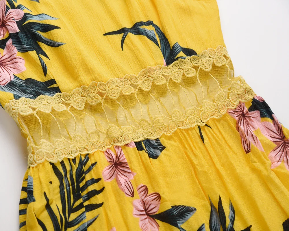 

New women's fashion printed dress lace waisted sexy see-through dress spaghetti strap sleeveless floor length long beach dress