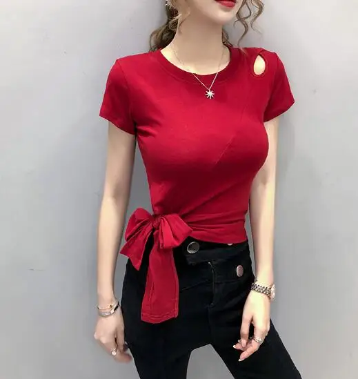 

Short-sleeved t-shirt women's 2021 summer new fashion slim and thin solid color simple lace-up bottoming top