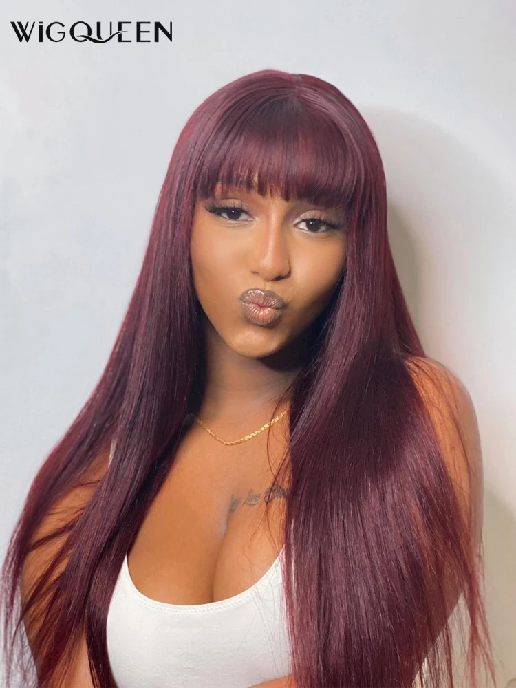 99J Burgundy Red Human Hair Wig With Fringe For Women Straight Brazilian Remy Hair Bob Wigs With Bangs Dark Brown Balayage Color
