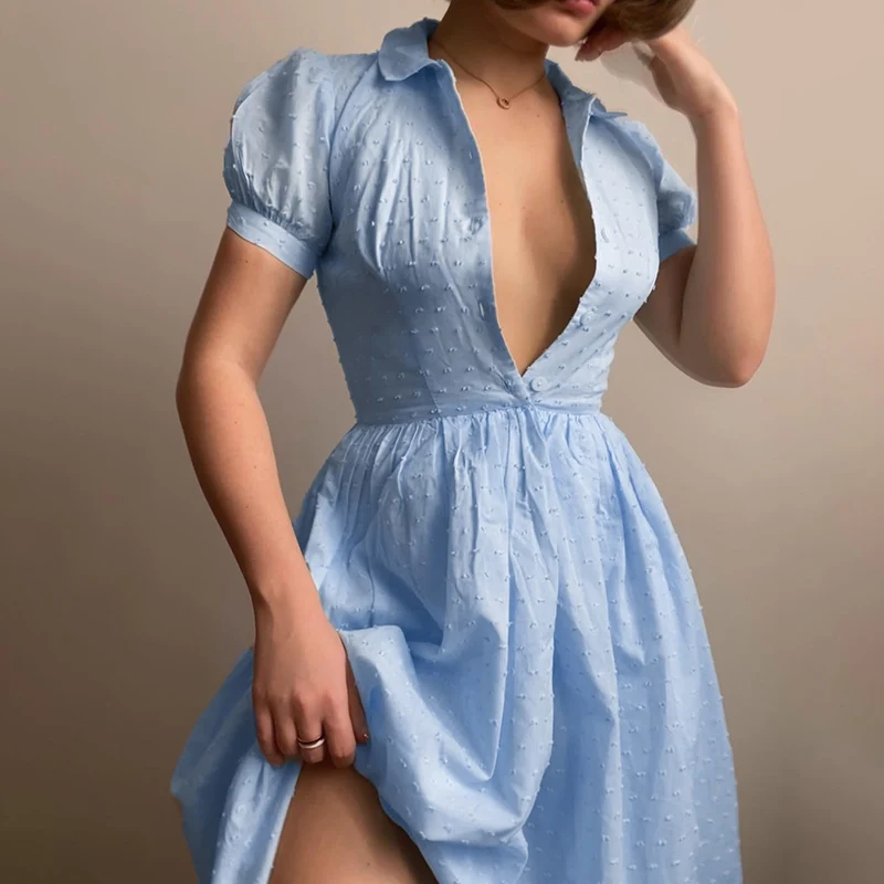 

Женское винтажное платье на пуговицах, голубое Плиссированное мини-платье с пышными рукавами, повседневные праздвечерние чные платья трап...