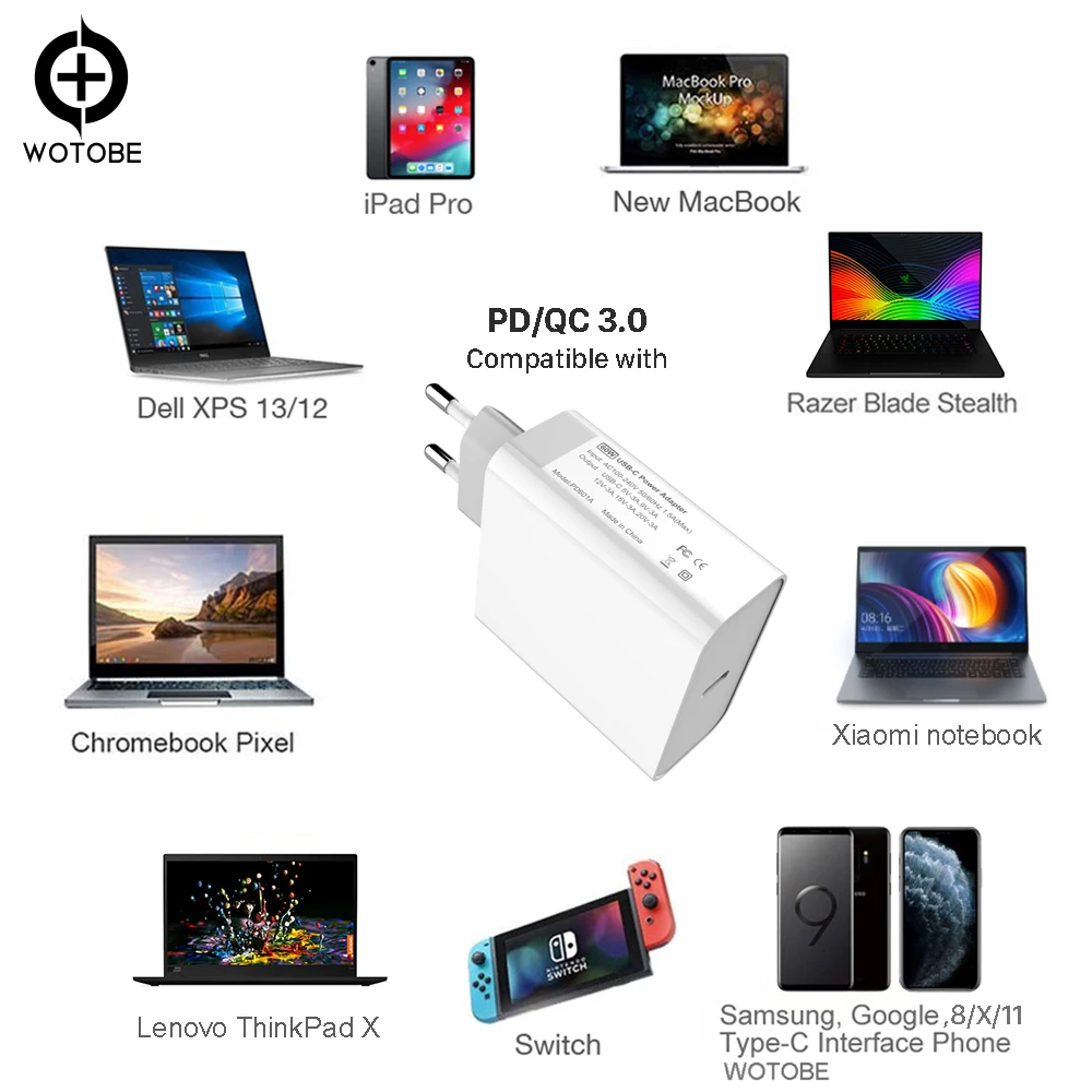 USB C адаптер питания PD/QC3.0 65 Вт/60 Вт/45 Вт/30 Вт/18 Вт TYPE-C настенное зарядное устройство, для USB-C ноутбуков/MacBook/iPad/iPhone/samsung(USB-C кабель