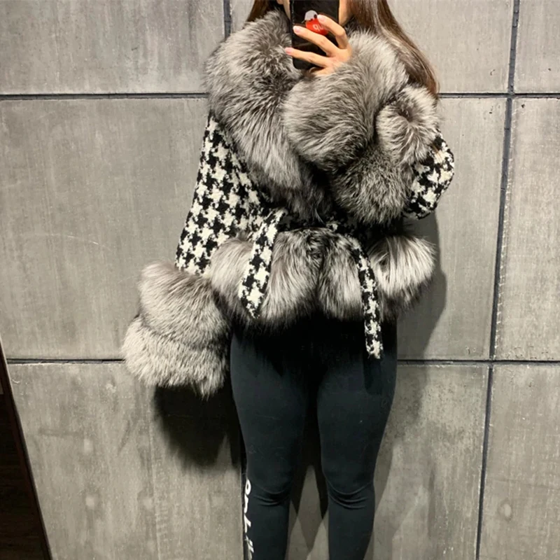 

Faux Fur Collar Jackets Women Fashion Tie Belt Waist Coats Women Elegant Slim Houndstooth Short Jackets Female Ladies