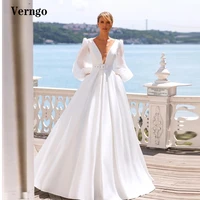 verngo simple a line satin wedding dresses puff long sleeves tulle v neck leather belt korea bride mariage dress plus size 2022