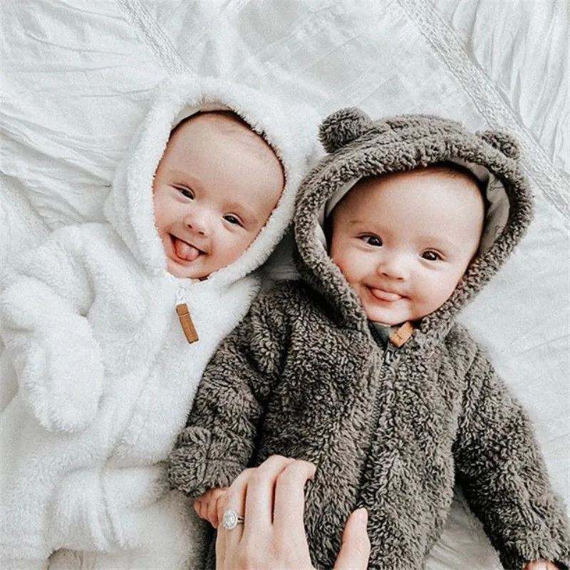 

Cute Newborn Clothes Baby Girl Boy Fuzzy Hooded Romper Winter Warm Unisex Baby Long Sleeve Bear Ears Zipper Jumpsuit 0-24M