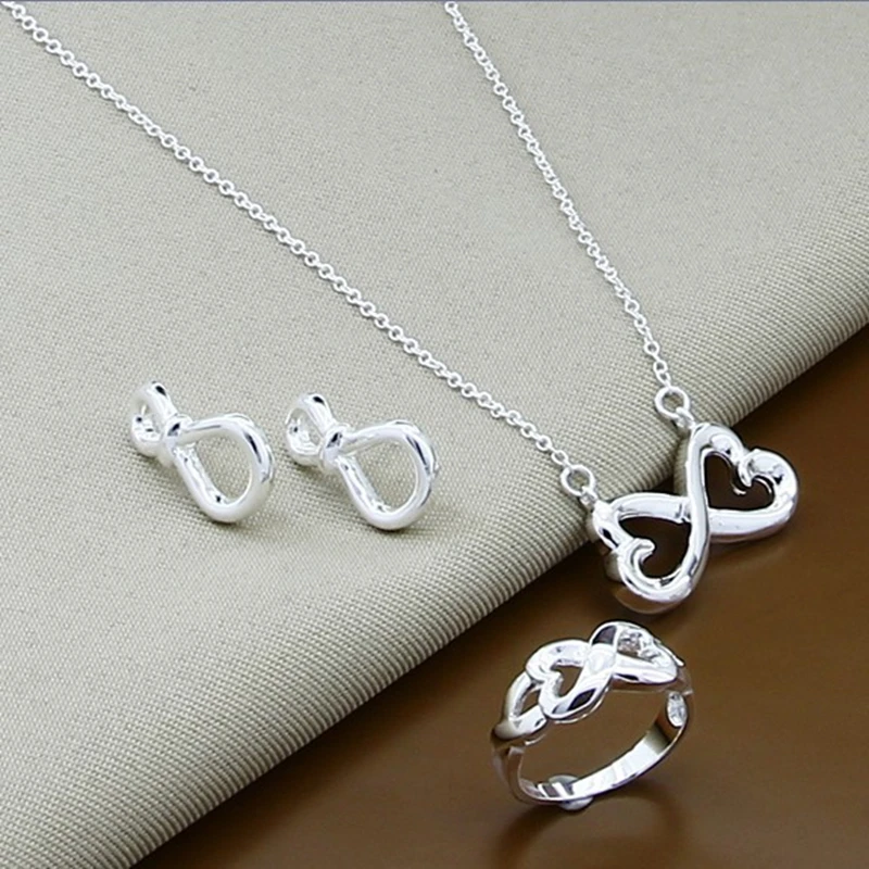 

925 Sterling Silver Jewelry Sets Fashion Heart Necklace Earrings Rings Set for Woman Female Valentine's Day Gift