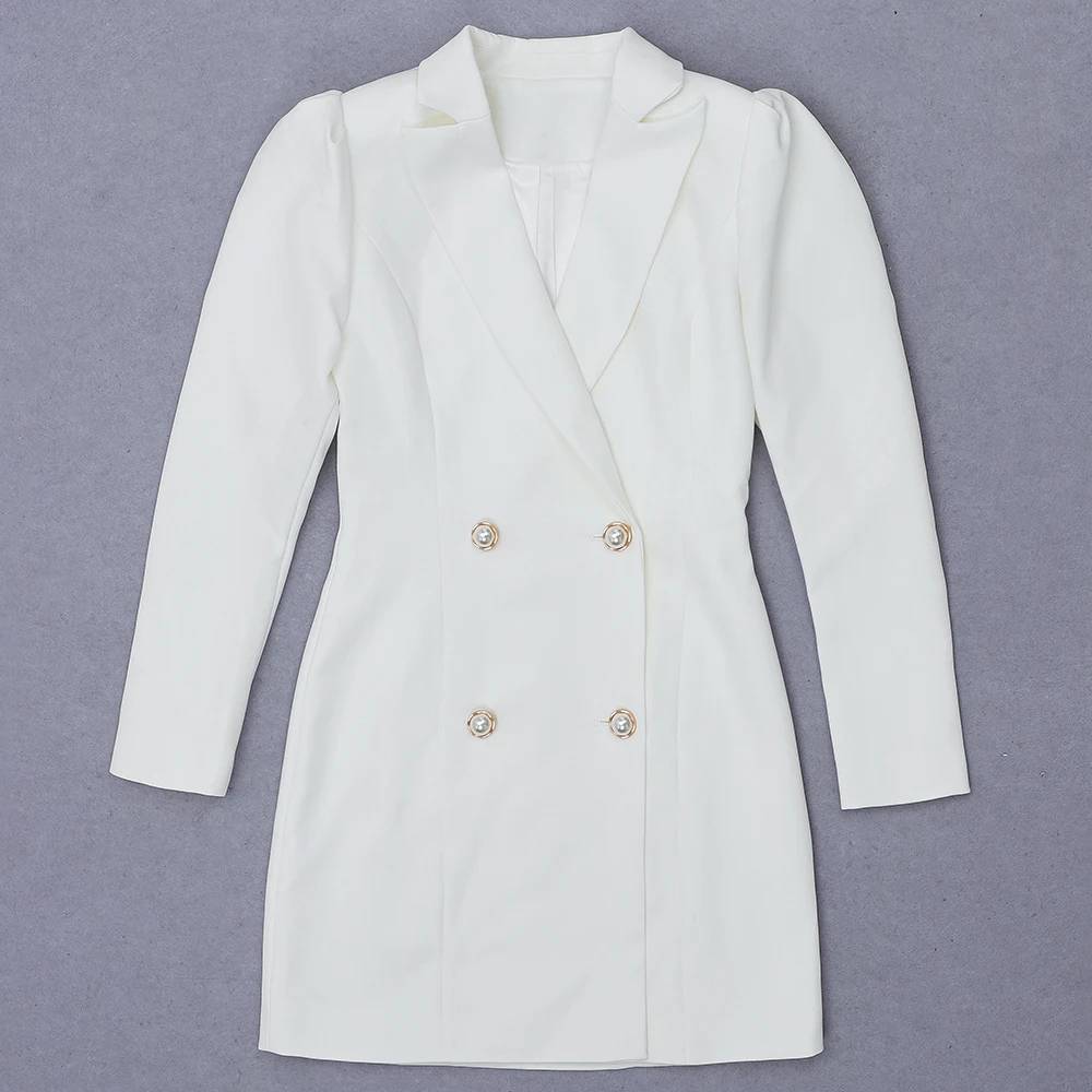 

Autumn New White Blazer Dress V Neck Full Sleeves Button Suit Dress Celebrity Elegant Vintage Vestios