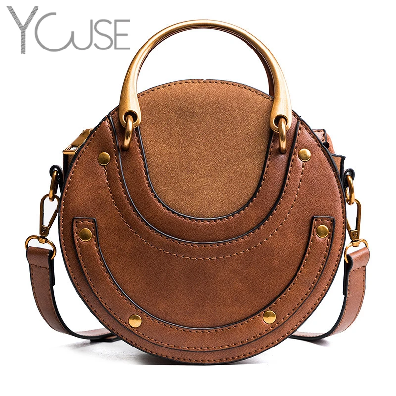 

Scrub PU Leather Circular Crossbody Bags For Women 2021 Designer Travel Handbags Rivet Small Round Lady Shoulder Messenger Bags