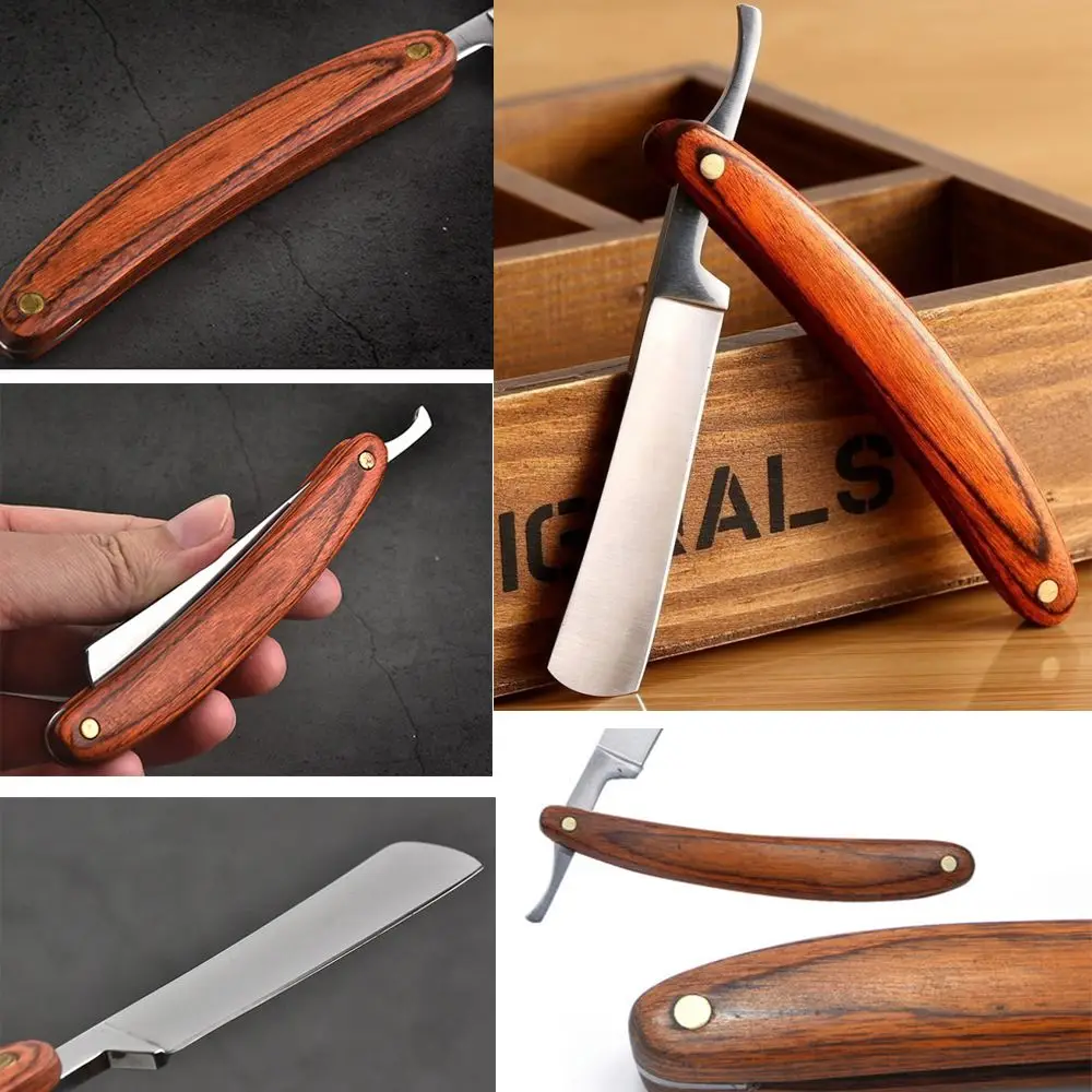 Мужская Ручная бритва с зеркальной отделкой лезвия для парикмахера деревянная