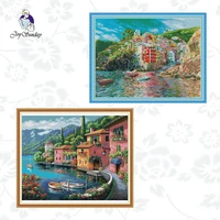 joy sunday seaside scenery pattern cross stitch kit 11ct printed fabric14ct counted canvas embroidery diy needlework gifts sets