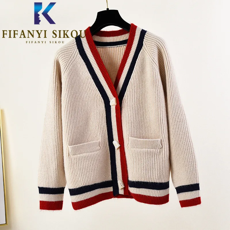 

Cardigan Women Autumn Knitted Sweater Jacket Single Breasted Pocket V-Neck Knit Coat Striped Spliced Fashion Loose Sweaters