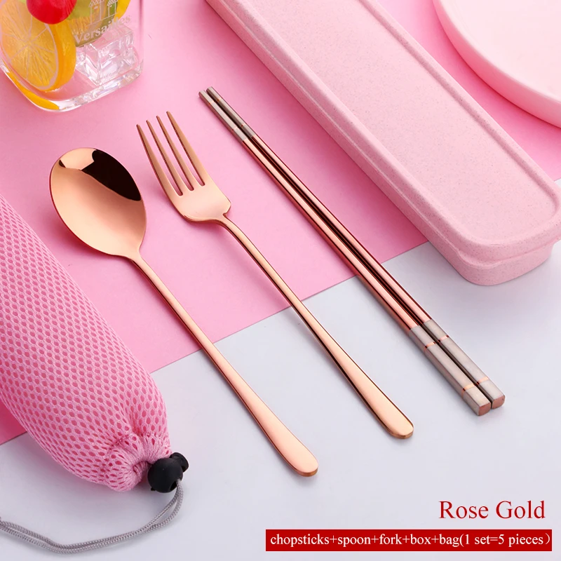 Rose Gold Set 5 шт./компл. 18/8 палочки для еды из нержавеющей стали набор ложка и вилка портативный набор посуды с коробкой набор столовых приборов для путешествий кухонная посуда - Цвет: Rose Gold Set