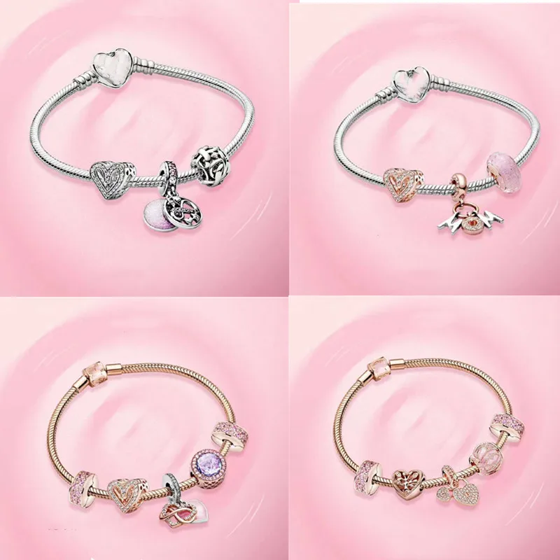 

Браслет pandora из серебра S925 пробы под розовое золото, женский браслет с подвесками из бисера, ювелирные изделия, подарок на день матери
