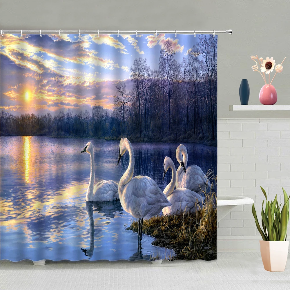 

Swan Animals Shower Curtain Sky Sea Mountain Forest Sunset Scenery Bathtub Decoration Shower Curtains Washable With Hooks Set