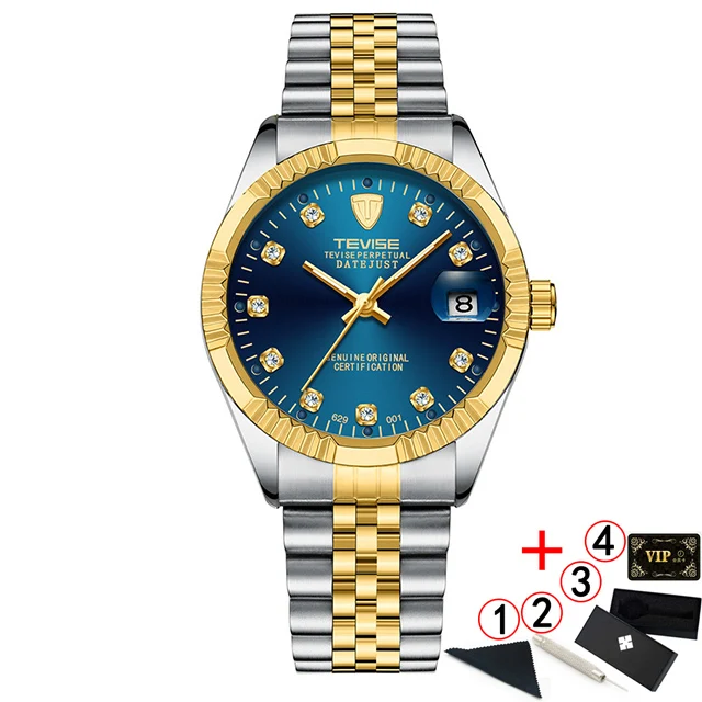 8 gold blue box Tevise автоматические механические часы, спортивные роскошные Брендовые мужские часы, деловые наручные часы, мужские часы, Relogio Masculino - Цвет: 8 gold blue box