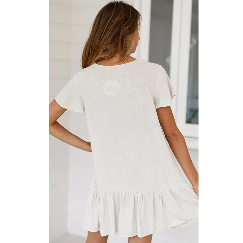 

Lucyever Summer Casual Loose V-neck Mini Dress Women Elegant Ruffles Button Short Sleeve Dresses Woman Solid Color Beach Dress