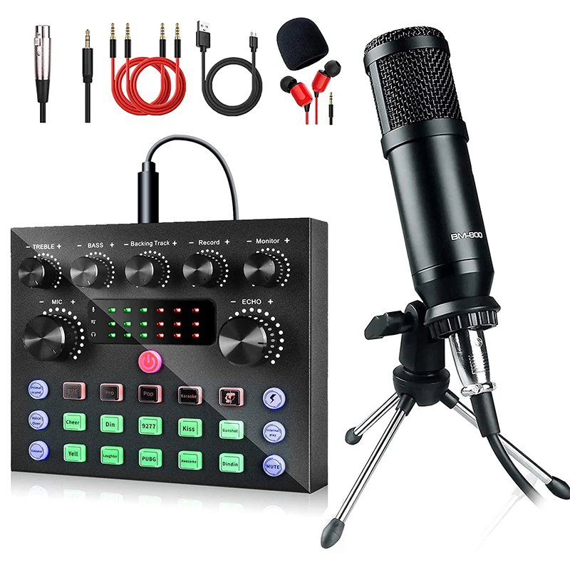 

BM800 Condenser Microphone Kit with Audio Mixer for Streaming,Voice Changer Microphone for Live Podcast Equipment Bundle,Karaoke