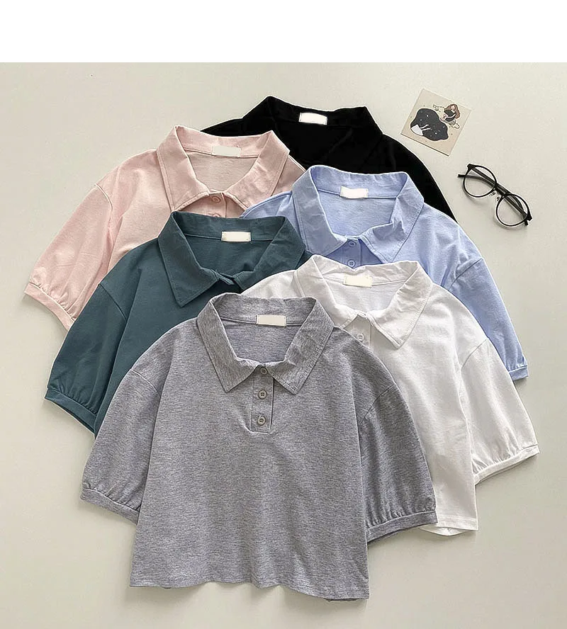 

Summer new style Korean casual bubble sleeve loose turn-down collar short sleeve T-shirt