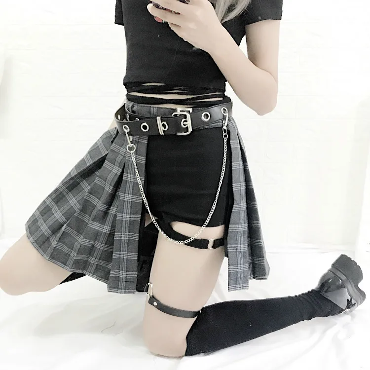 Punk Hip-hop Plaid Skirt Women Irregular 2019 Chains Belted Sexy High Waist Pleated Skirts Asymmetrical A Line Cool mini | Женская