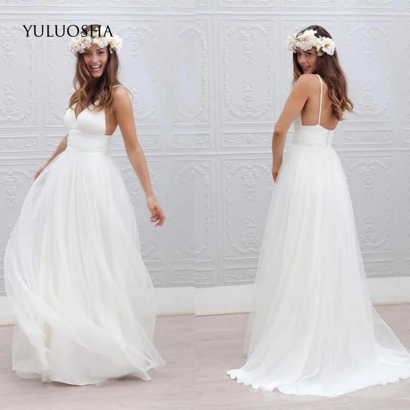 YULUOSHA New White/Ivory A-line Spaghetti Straps Wedding Dresses Tulle Sleeveless Bridal Gown Mariage Vestido De Noiva | Свадьбы и