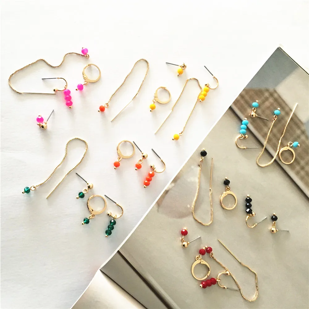 

Lovely Gold Color Fuchsia Neon Pink Colorful Bead Decorated Long Chain Tassel Piercing Drop Earring Pack For Women Girl Jewelry