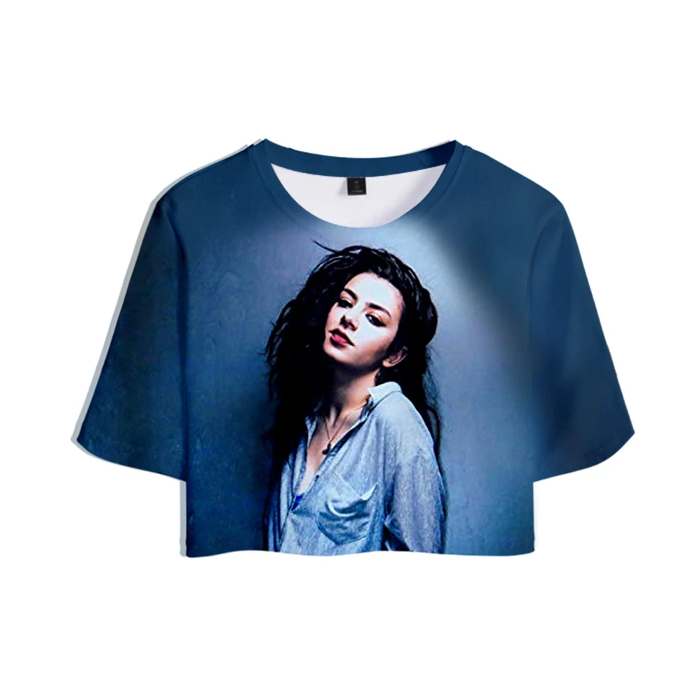 Повседневная модная футболка Charli XCX с 3D ролликороной и открытым пупком новинка