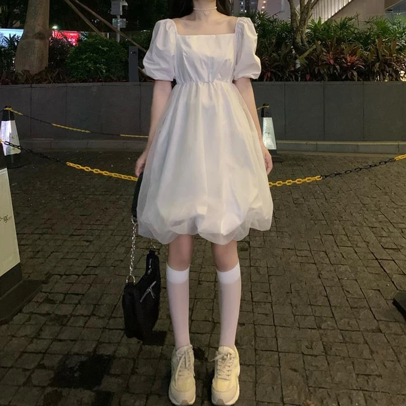 

French Style Sweet Fairy Dress Women Elegant Sexy whitePuff Sleeve Lace Chiffon Mini Dress Girly Summer Vintage Party Dresses