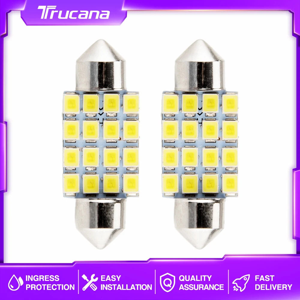 

Trucana 2PC New Festoon LED Bulb 36mm C5W C10W 16Leds Car Dome Light Canbus No Error Auto Interior Reading Lamps White