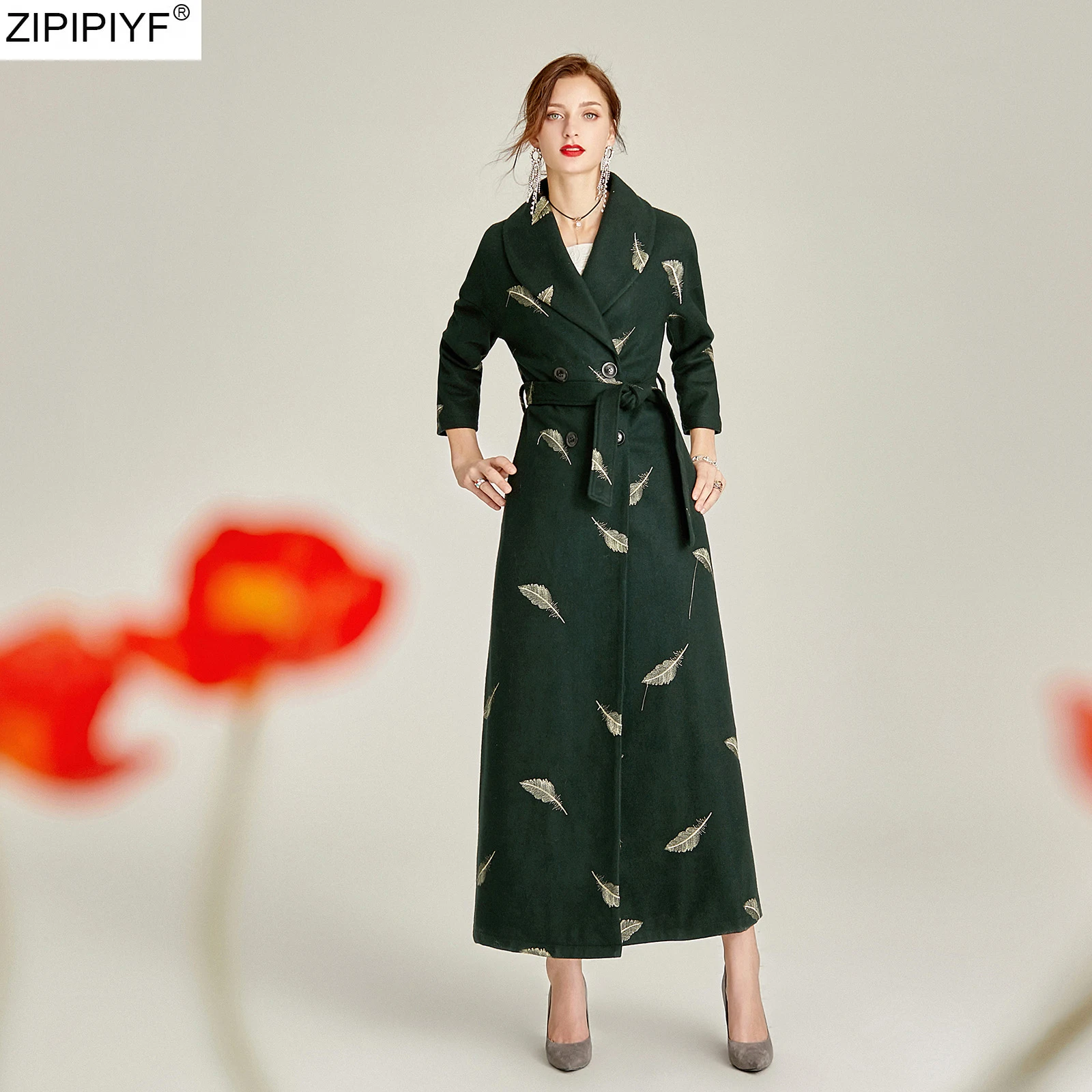 

2019 winter turn down collar coat slimming temperament large size embroidery woolen coat female mid-calf coats