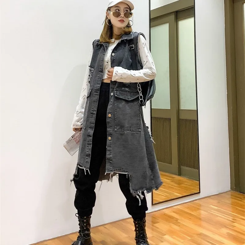 

2021 Autumn Vintage Hole Denim Vest Women Wild Mid-Length Waistcoat Sleeveless Jacket Loose Harajuku Outerwear Female Tide G998