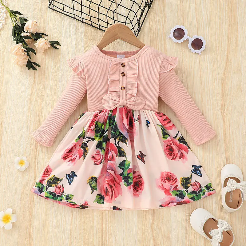 

Autumn long sleeves Midi Dress Children Cotton Casual Clothes Toddler Girl Floral Dress Baby Costume Kid Printed A-line skirt