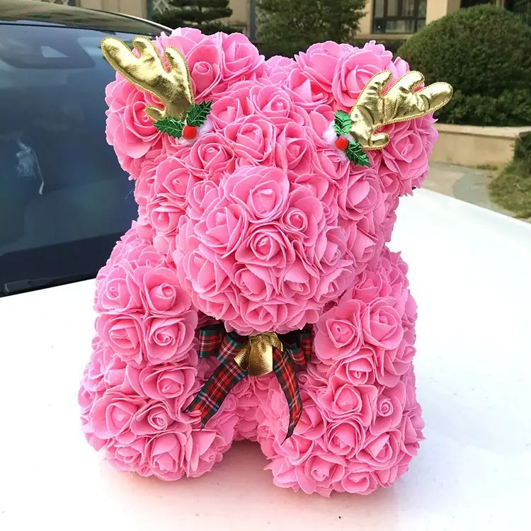 35cm Antlers Pink Искусственные цветы Роза медведь многоцветный пластик пена роза цветок плюшевый медведь День Святого Валентина подарок День Рождения Вечеринка весеннее украшение - Цвет: 35cm Antlers Pink