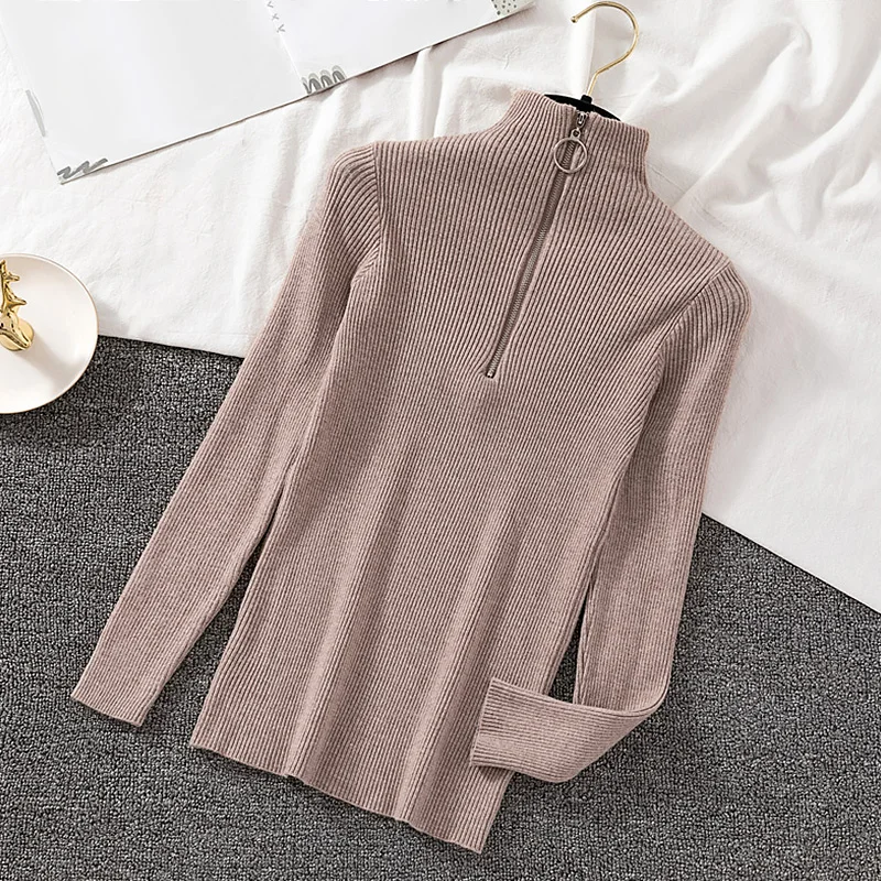 Свитер с круглым вырезом на молнии Женская однотонная облегающая осенне-зимняя