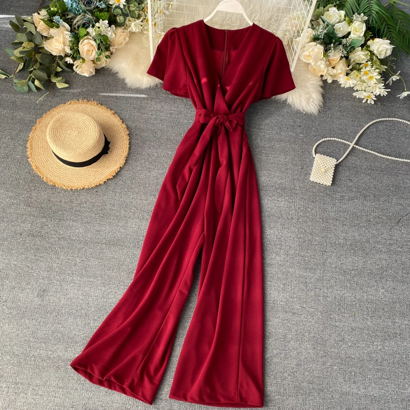 Женский офисный комбинезон однотонный Облегающий с V-образным вырезом длинный