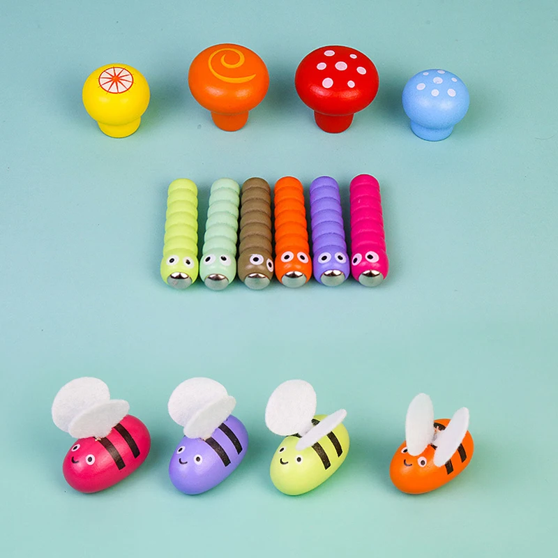 

Kids 3-in-1 Montesori Wooden Educational Toys Baby Fishing Clip Bee Mushroom Picking Training Game Toys Montessori Materials