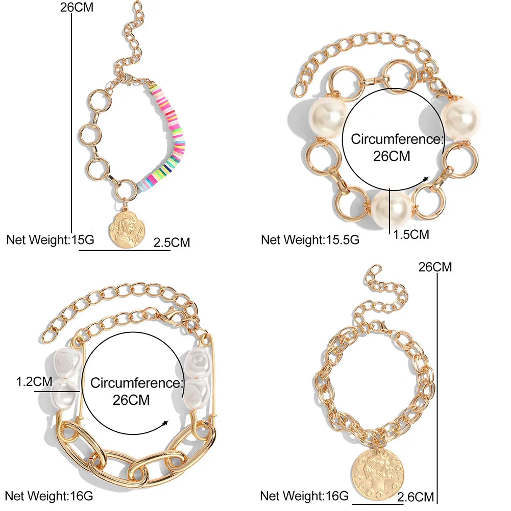 Flatfoosie Charms Multilayers Pearl Coin Chain Bracelet Bangles For Women Fashion Gold Color Portrait Bracelets Femme Jewelry
