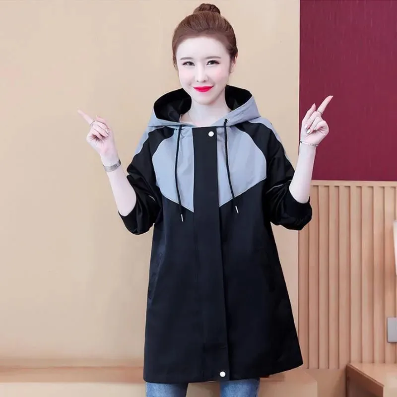 2022 модная Женская Длинная ветровка с капюшоном в стиле пэчворк на весну и осень