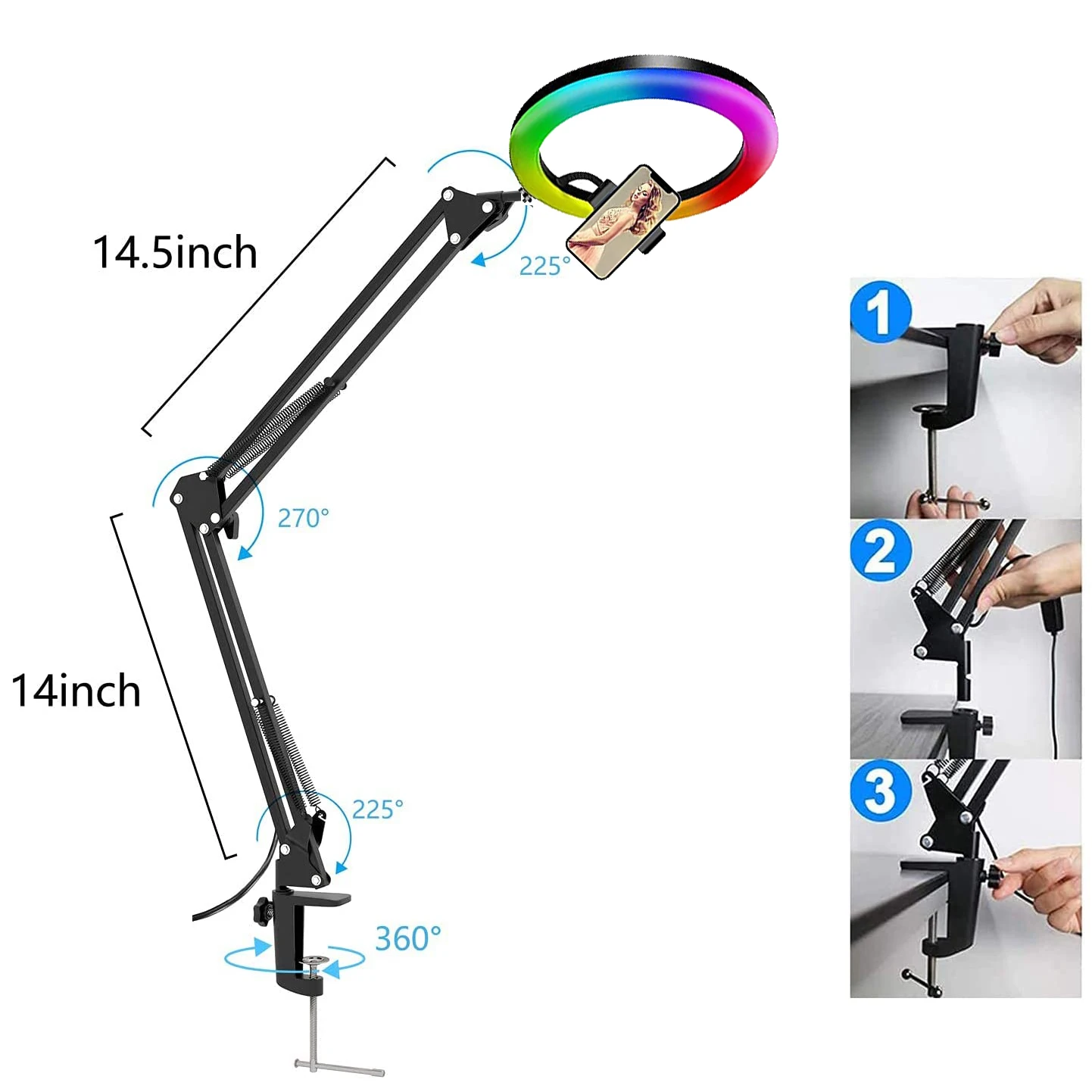 rgb color soft ring light circle lamp with desk long arm tablet tripod phone holder stand photography lighting selfie ringlight free global shipping