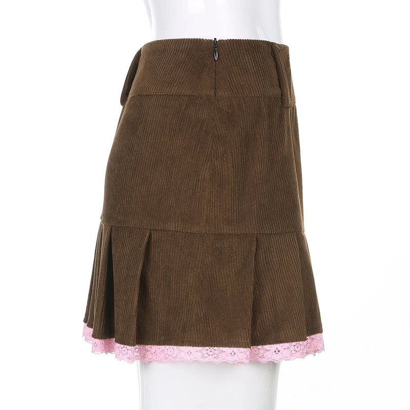 

2021 Brown Streetwear Corduroy Lace Trim Hem Pleated Skirts Women 90s Aesthetic Girl Mini Skirt Vintage Cute Kawaii Clothes