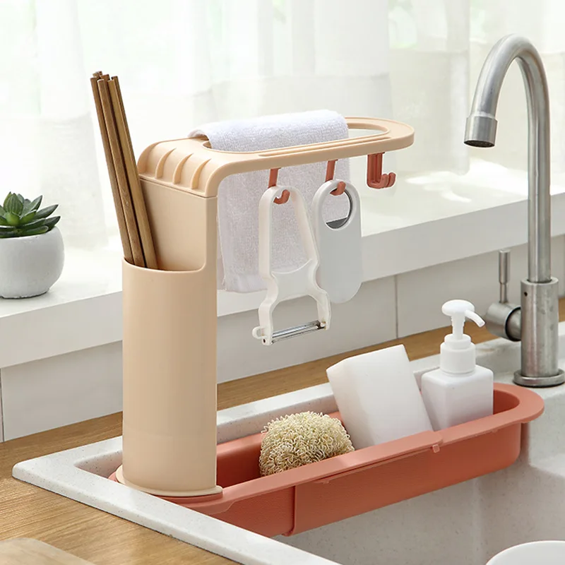 

Telescopic Sink Shelf Draining Rack Soap Sponge Storage Basket Dishwashing Rag Towel Organizer Holder with Hook Kitchen Utensils