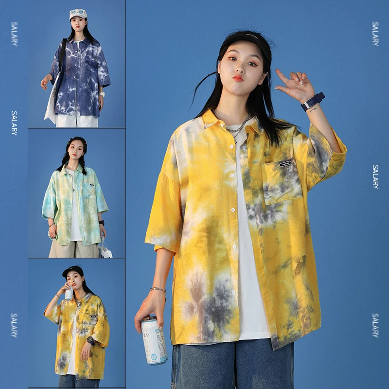

Leefona Summer Women Shirts Fashion Tie Dye Loose Oversized Short Sleeve Blouses Female Tops Streetwear Korean Pockets Shirt