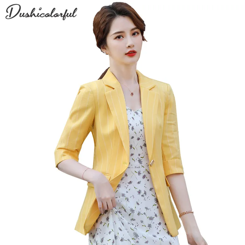 

Women's Blazer Summer Chic Slim Yellow One Button Female Suit Jacket Half Sleeve Outwear Striped Blaser Girly Coat 2021 Tops