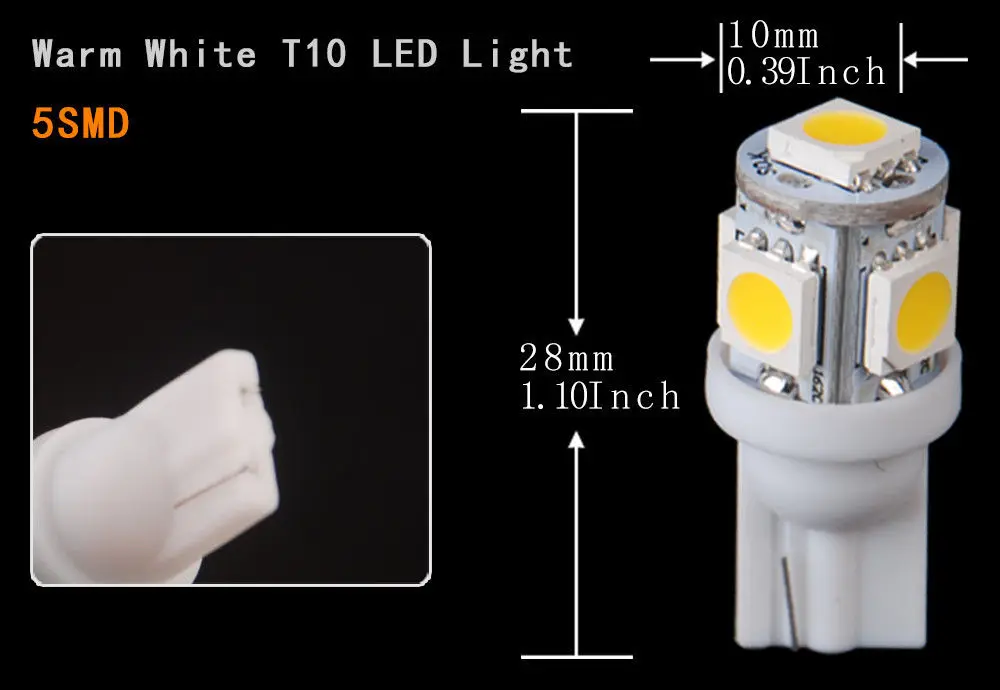 10 шт. T10 5050 5SMD 5 SMD теплый белый светодиодный автомобиль клиновая лампа света лампы